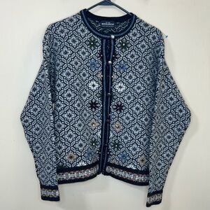 Vintage Woolrich Sweater Women’s Medium Cardigan Wool Fair Isle Metal Buttons